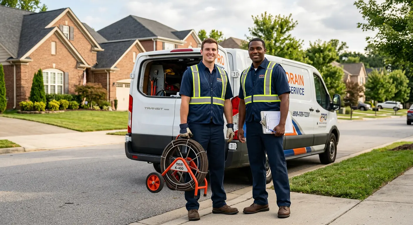 Sewer and drain service team with equipment ready for work in Roseville