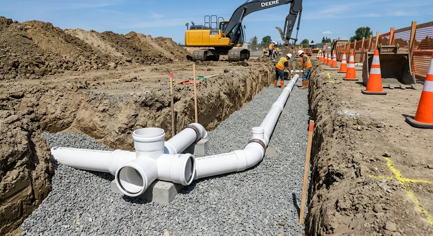 New PVC sewer pipe installation in open trench for Sewer Backup in Roseville