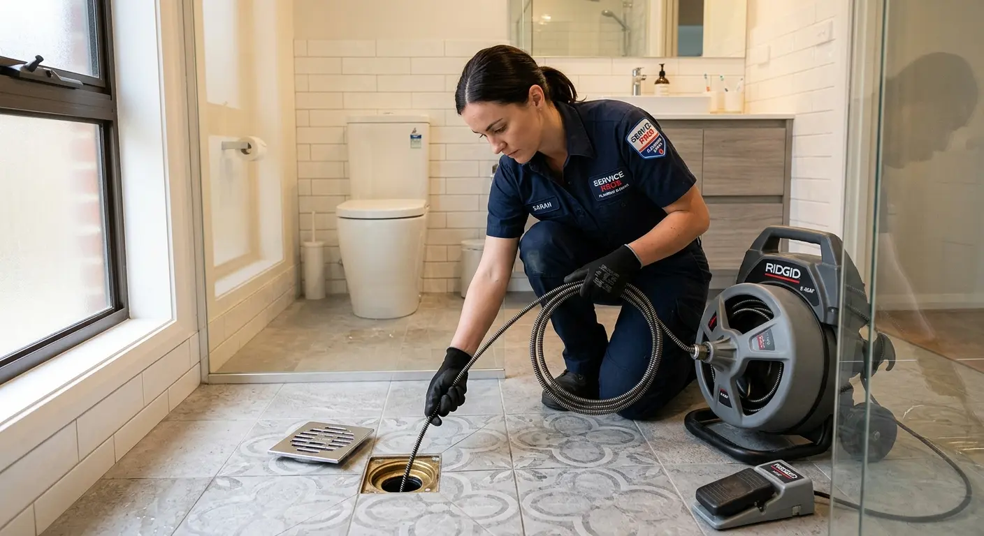 Technician clearing a bathroom floor drain for Sewer Line Replacement in Roseville